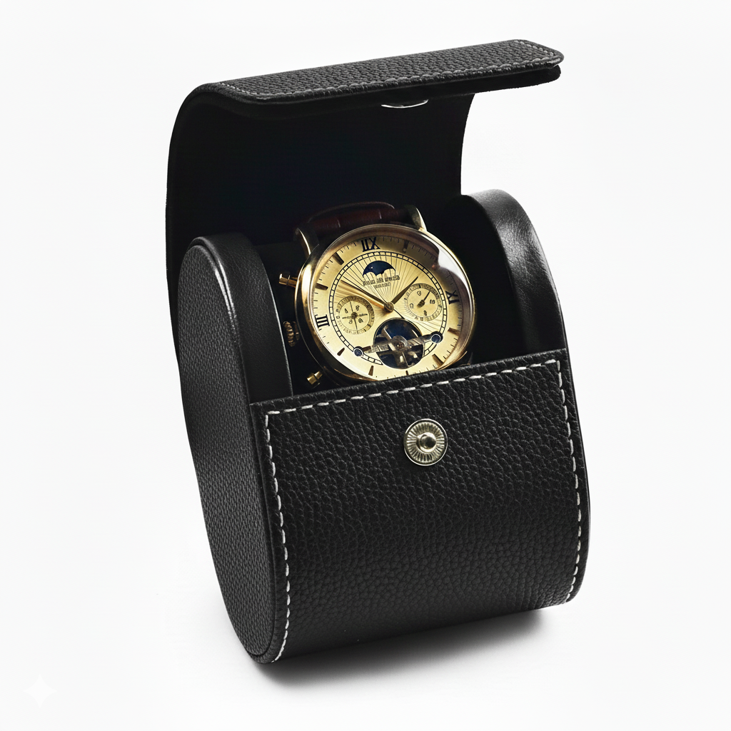 Étui de Voyage pour 1 Montre en Cuir Grainé, Fermeture Bouton-Pression, Format Compact
