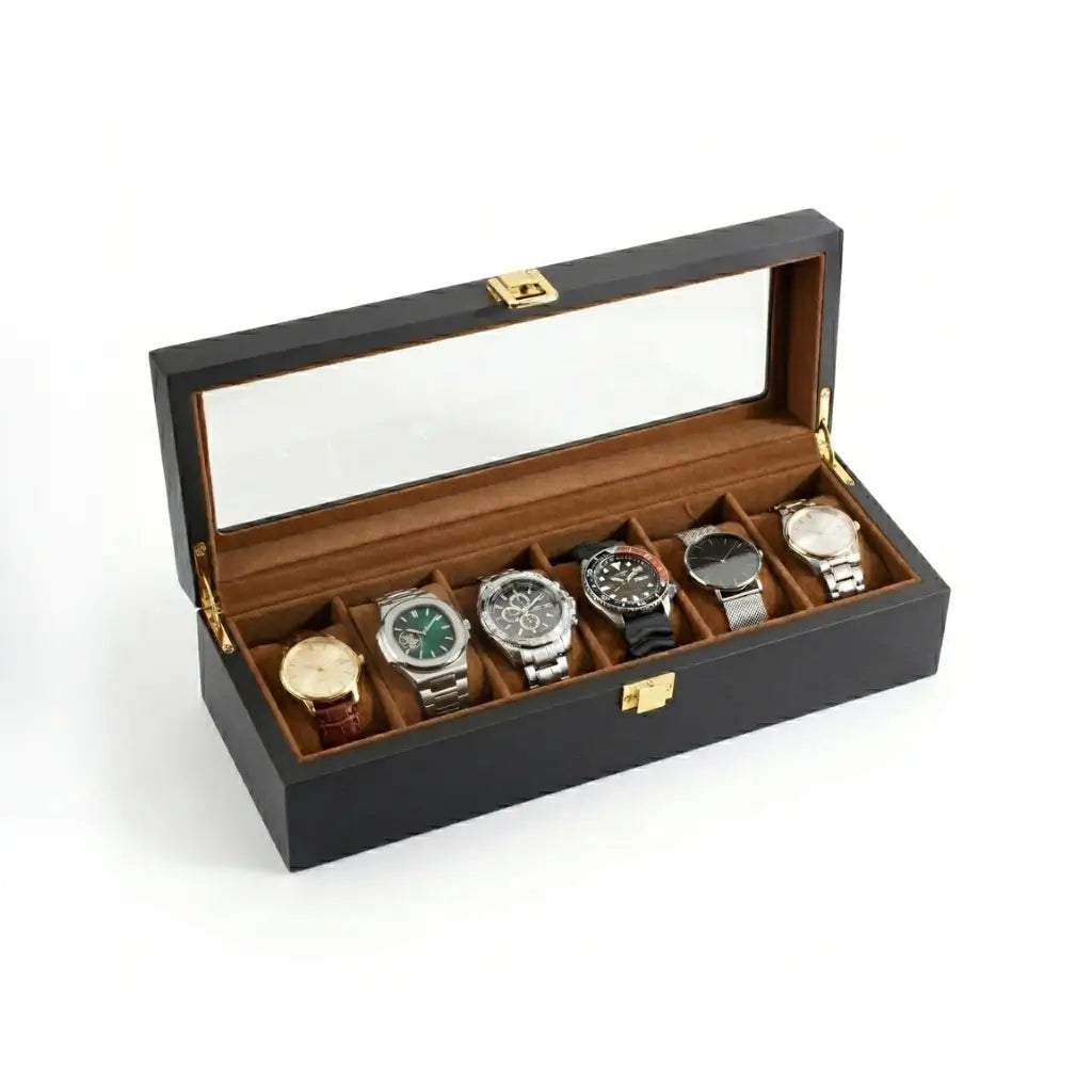 Coffret à Montres en Bois Naturel Noir avec Intérieur Velours et Couvercle Vitré, Écrin de Rangement Luxe pour 6 Montres avec Boucle Métallique Dorée