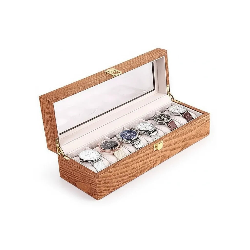 Boîte à montres 6 emplacements en MDF plaqué bois avec couvercle en verre