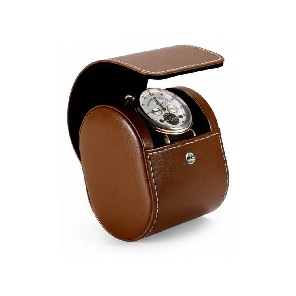 Étui de Voyage pour 1 Montre en Cuir Grainé, Fermeture Bouton-Pression, Format Compact
