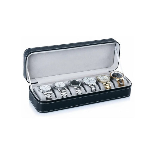 Boîte de rangement pour 6 montres en similicuir noir avec intérieur en velours