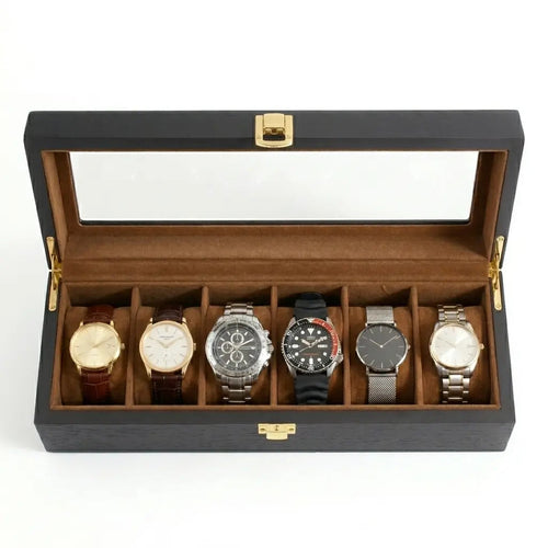 Coffret à Montres en Bois Naturel Noir avec Intérieur Velours et Couvercle Vitré, Écrin de Rangement Luxe pour 6 Montres avec Boucle Métallique Dorée