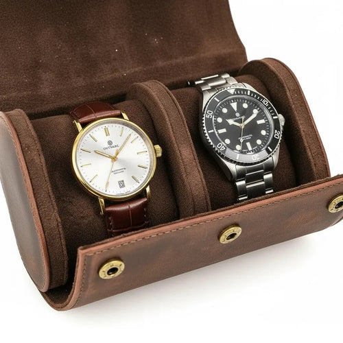 Étui de voyage pour deux montres en similicuir avec fermeture à boutons pression