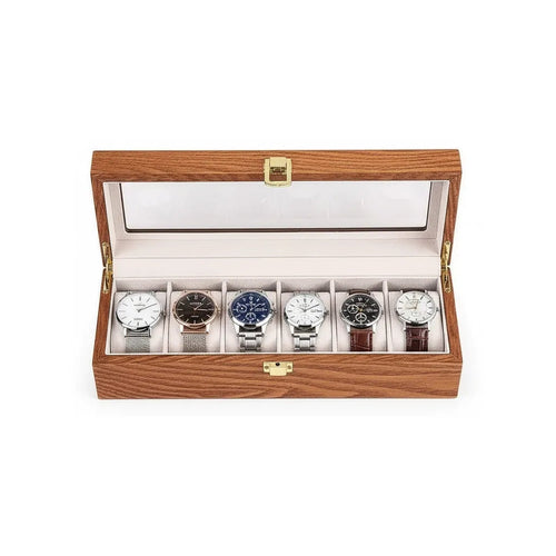 Boîte à montres 6 emplacements en MDF plaqué bois avec couvercle en verre