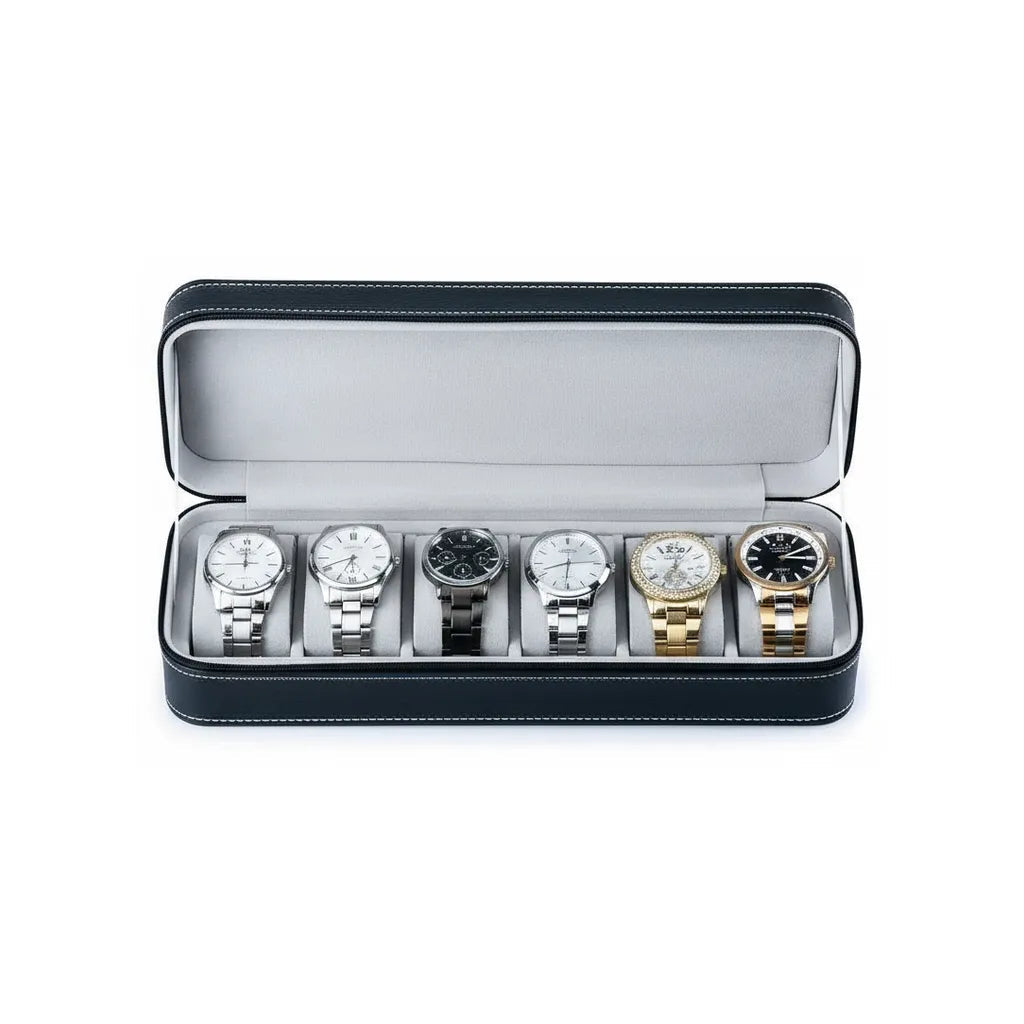 Boîte de rangement pour 6 montres en similicuir noir avec intérieur en velours