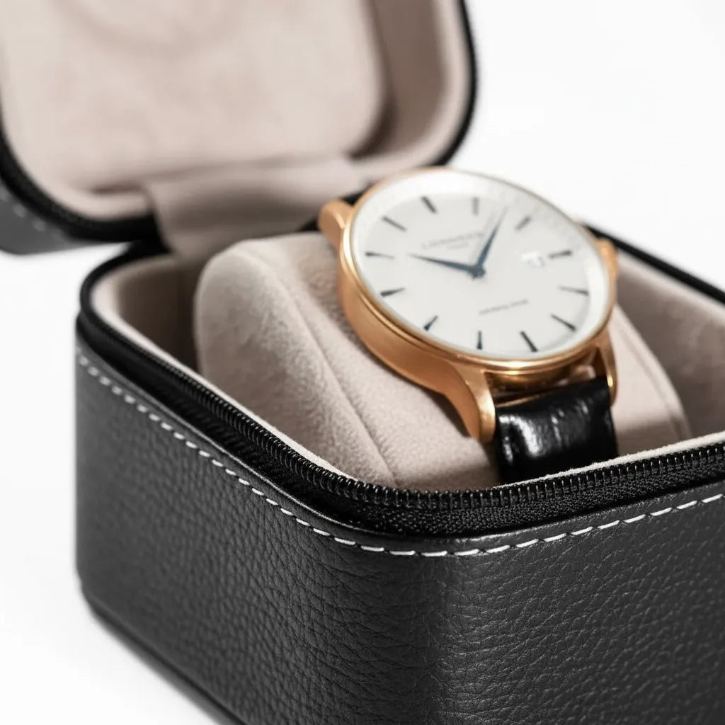 Étui de Voyage pour Montre en Cuir Noir avec Intérieur Velours