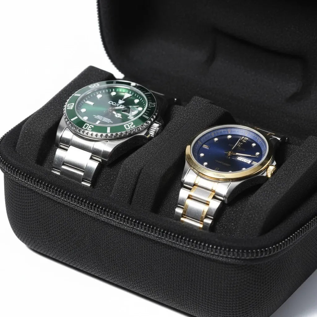 Étui de Voyage pour 2 Montres avec Fermeture Zippée et Intérieur Mousse Noir