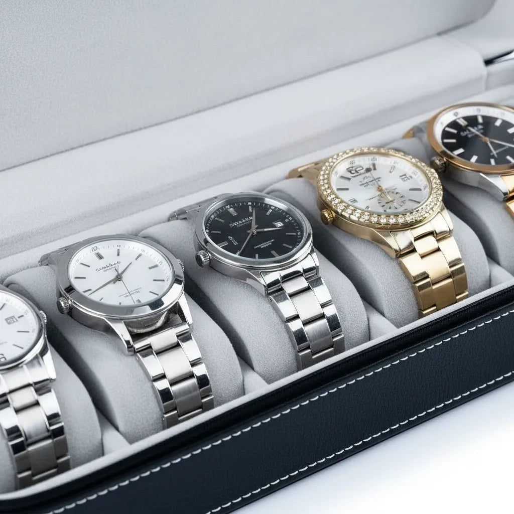 Boîte de rangement pour 6 montres en similicuir noir avec intérieur en velours
