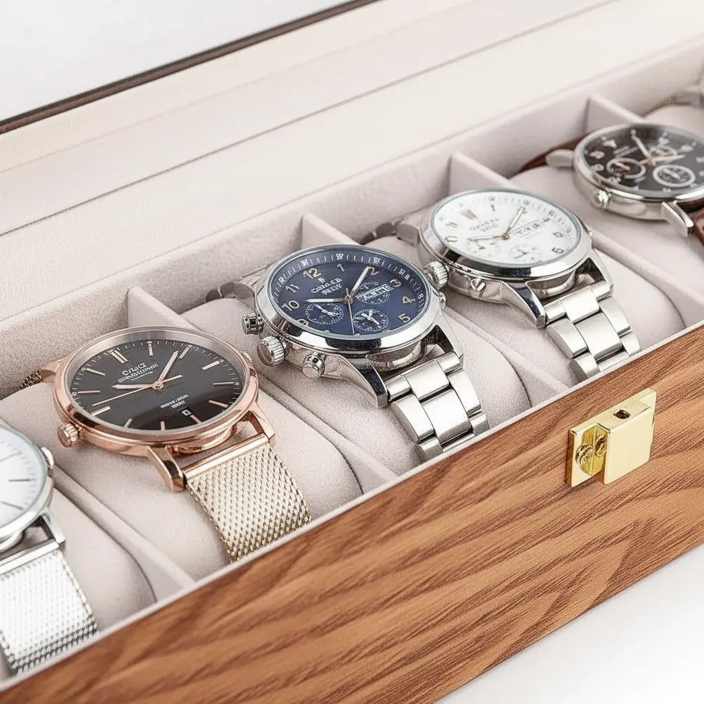 Boîte à montres 6 emplacements en MDF plaqué bois avec couvercle en verre
