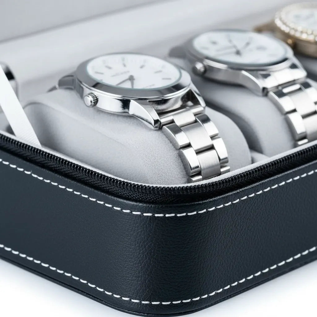 Boîte de rangement pour 6 montres en similicuir noir avec intérieur en velours