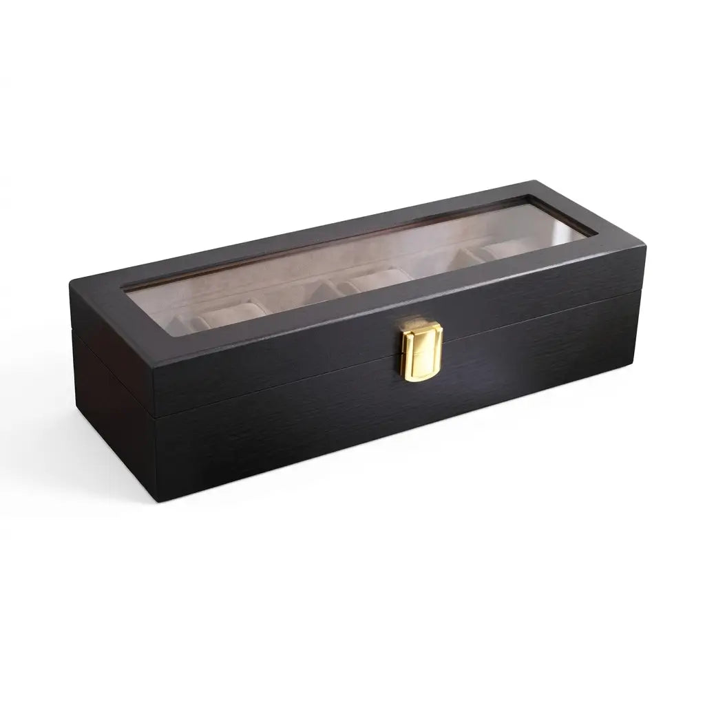 Coffret à Montres en Bois Naturel Noir avec Intérieur Velours et Couvercle Vitré, Écrin de Rangement Luxe pour 6 Montres avec Boucle Métallique Dorée