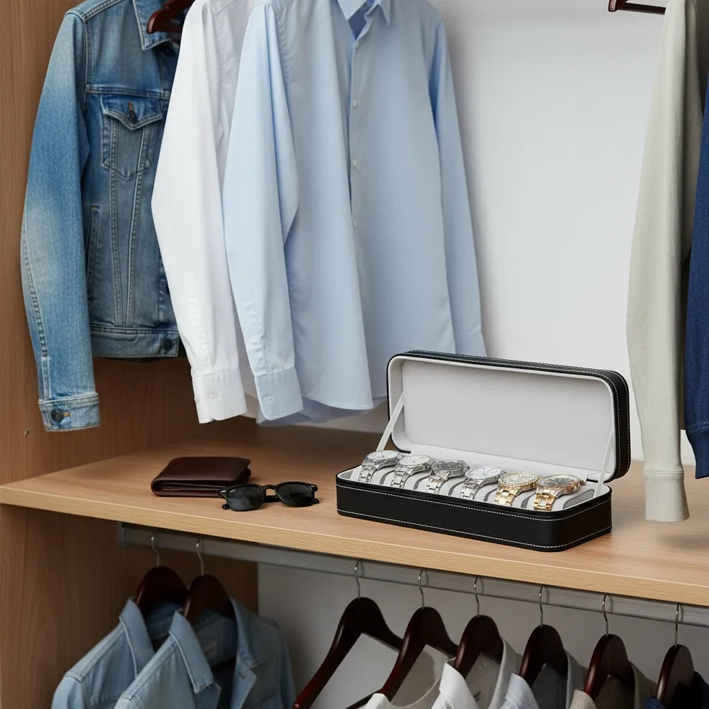Boîte de rangement pour 6 montres en similicuir noir avec intérieur en velours