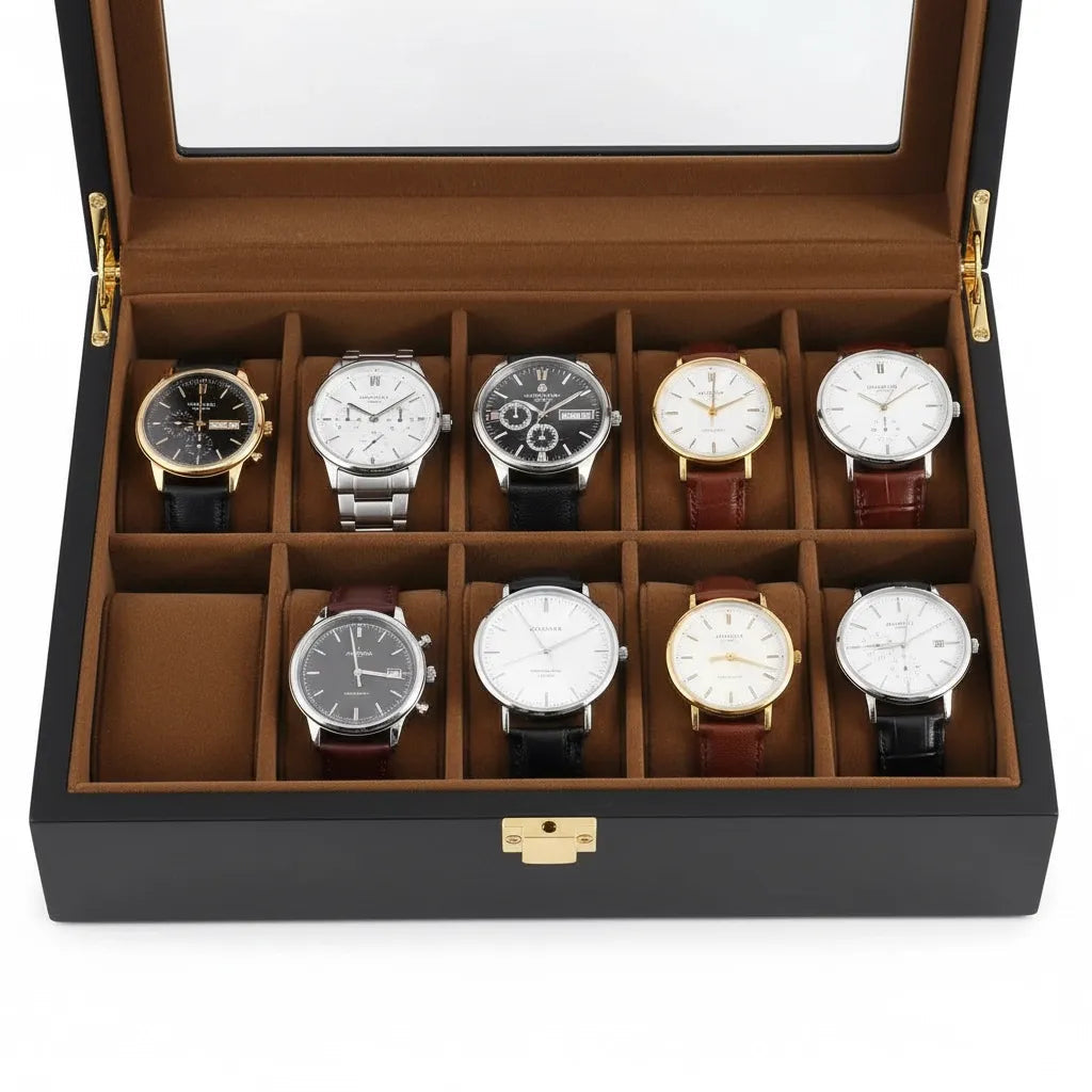 Coffret à Montres en Bois Naturel Noir avec Intérieur Velours et Couvercle Vitré, Écrin de Rangement Luxe pour 6 Montres avec Boucle Métallique Dorée