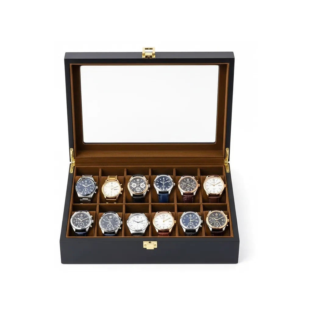 Coffret à Montres en Bois Naturel Noir avec Intérieur Velours et Couvercle Vitré, Écrin de Rangement Luxe pour 6 Montres avec Boucle Métallique Dorée